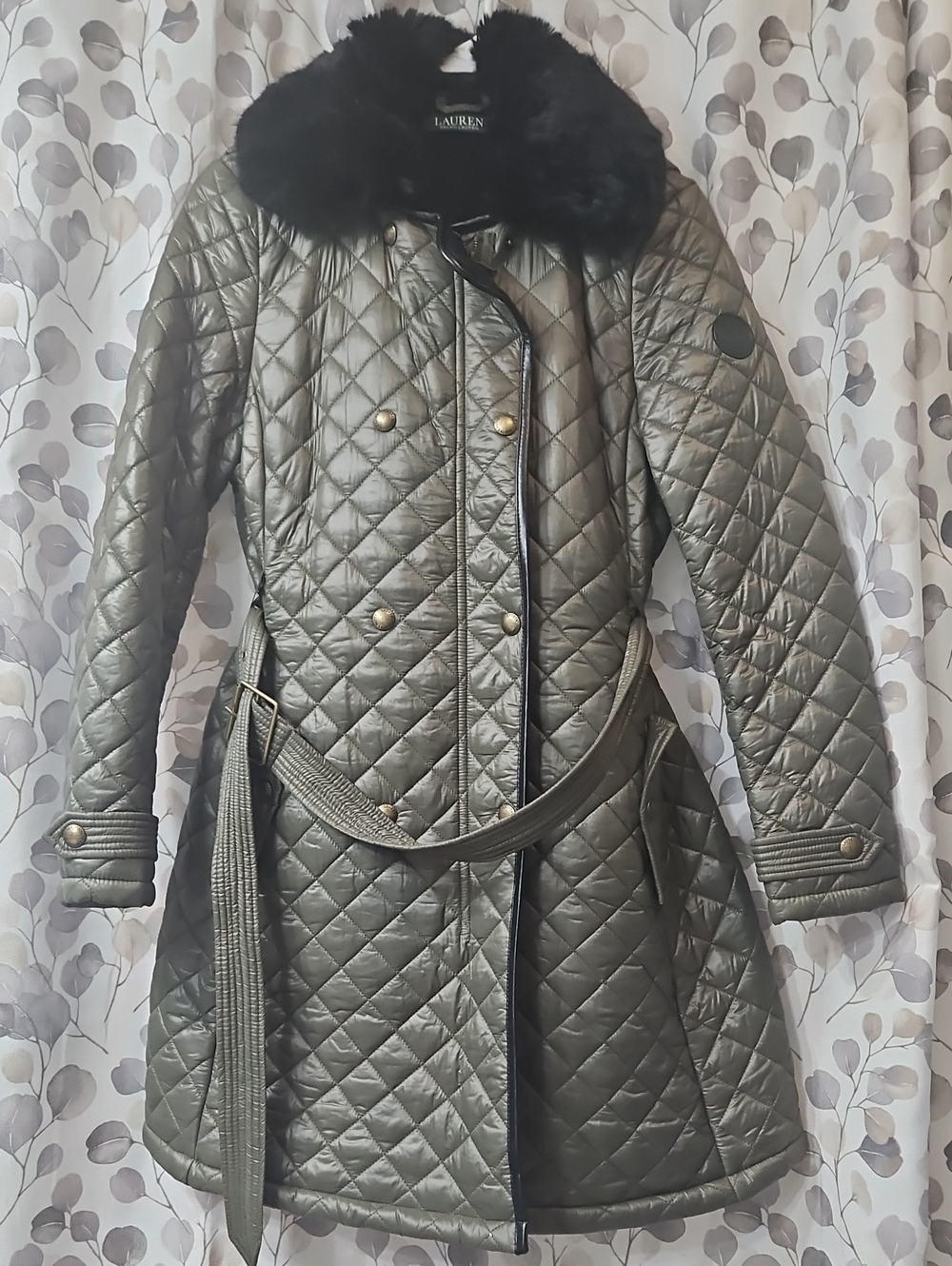 Quilted Metallic Olive Green Coat with Faux Fur Collar
